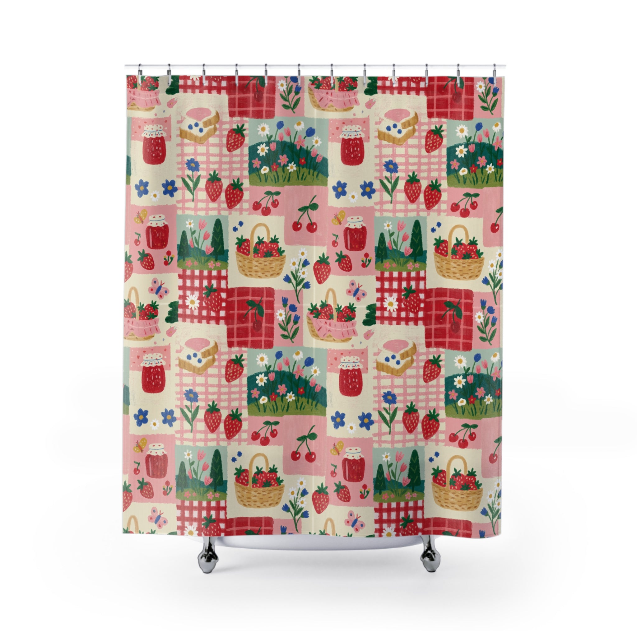 Retro Patchwork Strawberry Gingham Shower Curtain