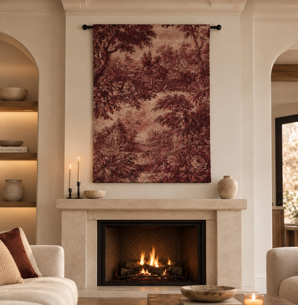 French Burgundy Toile de Jouy Woven Tapestry | Rustic Boho Home Decor