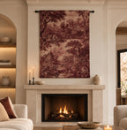 French Burgundy Toile de Jouy Woven Tapestry | Rustic Boho Home Decor