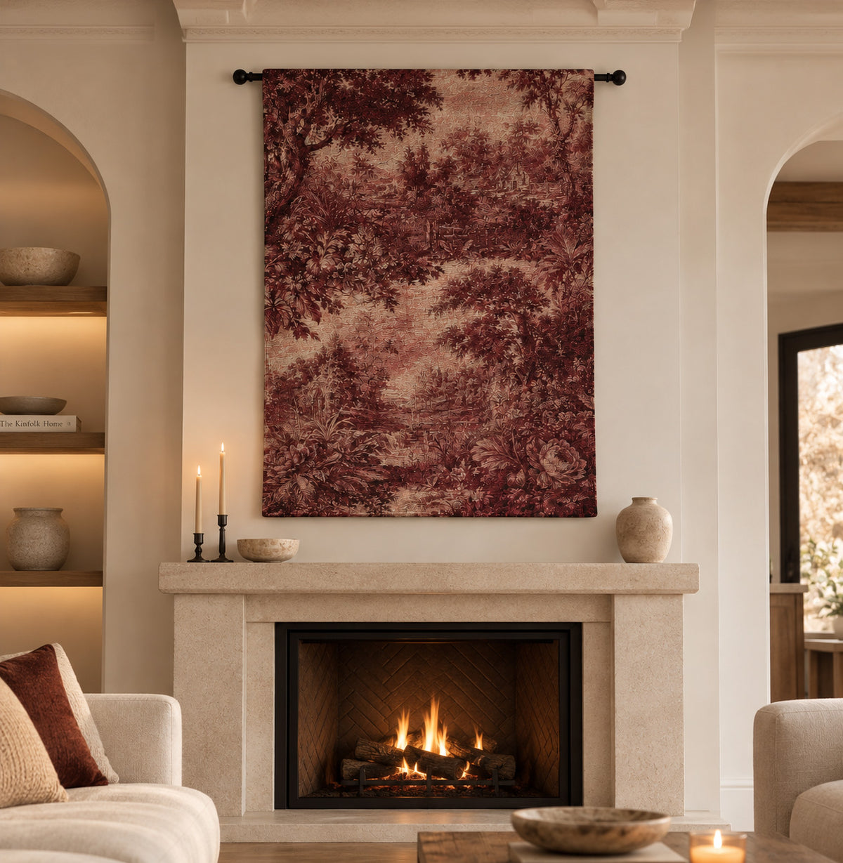 French Burgundy Toile de Jouy Woven Tapestry | Rustic Boho Home Decor