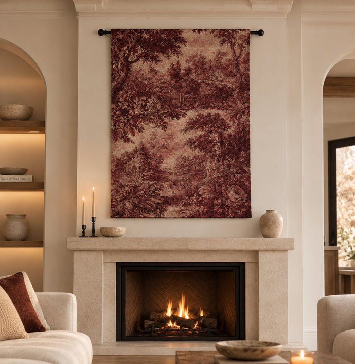 French Burgundy Toile de Jouy Woven Tapestry | Rustic Boho Home Decor