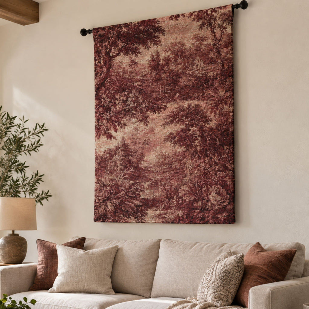 French Burgundy Toile de Jouy Woven Tapestry | Rustic Boho Home Decor