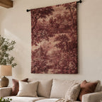 French Burgundy Toile de Jouy Woven Tapestry | Rustic Boho Home Decor