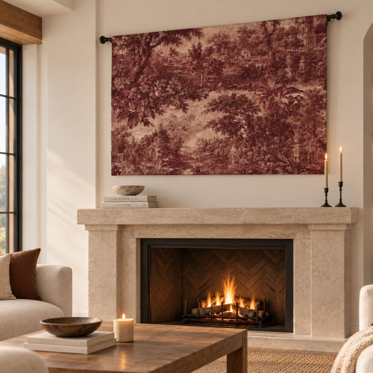 French Burgundy Toile de Jouy Woven Tapestry | Rustic Boho Home Decor