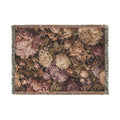 A rectangular woven textile with a dense floral pattern in muted pink, beige, brown, and mauve tones, finished with fringed edges on all sides, shown on a plain white background.