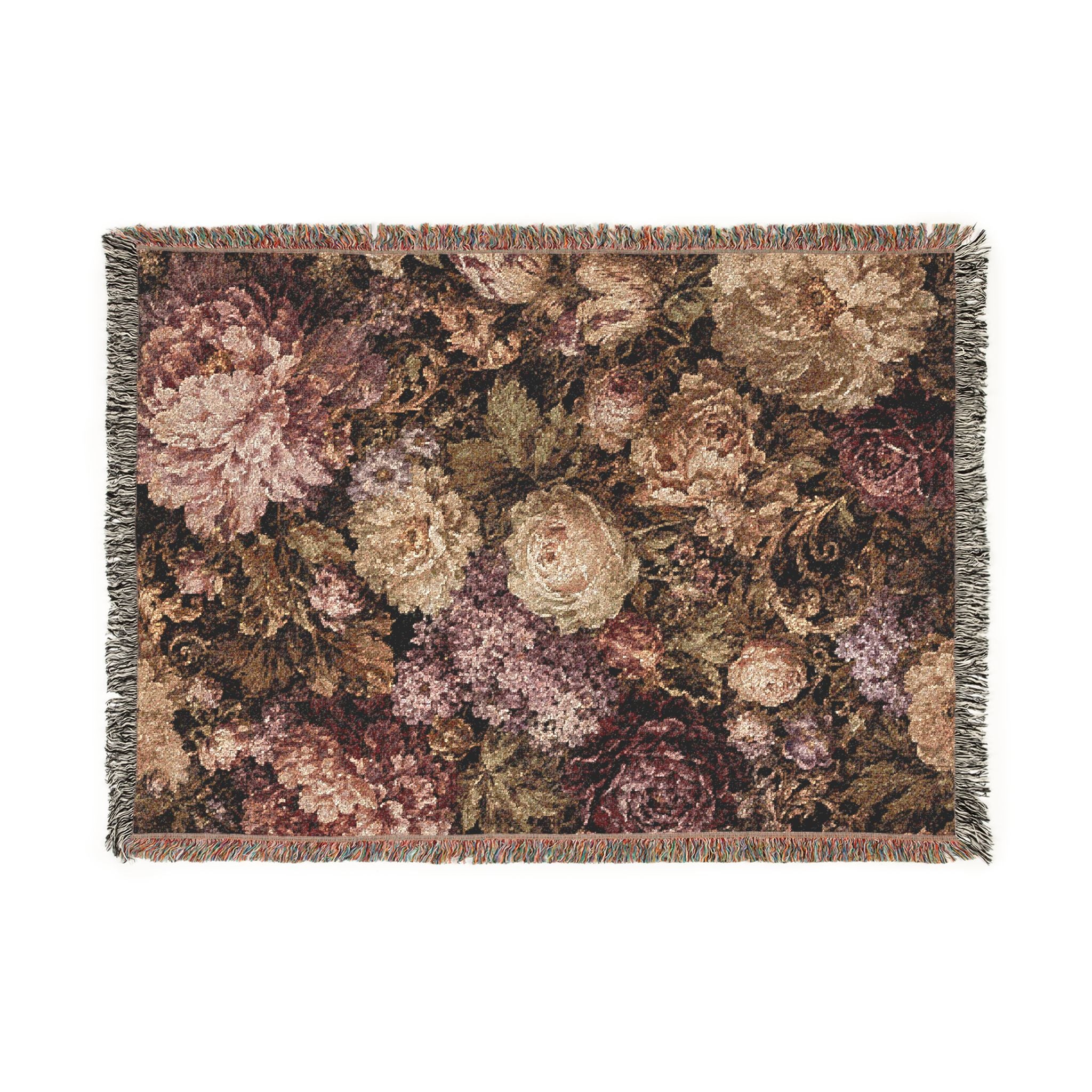 A rectangular woven textile with a dense floral pattern in muted pink, beige, brown, and mauve tones, finished with fringed edges on all sides, shown on a plain white background.