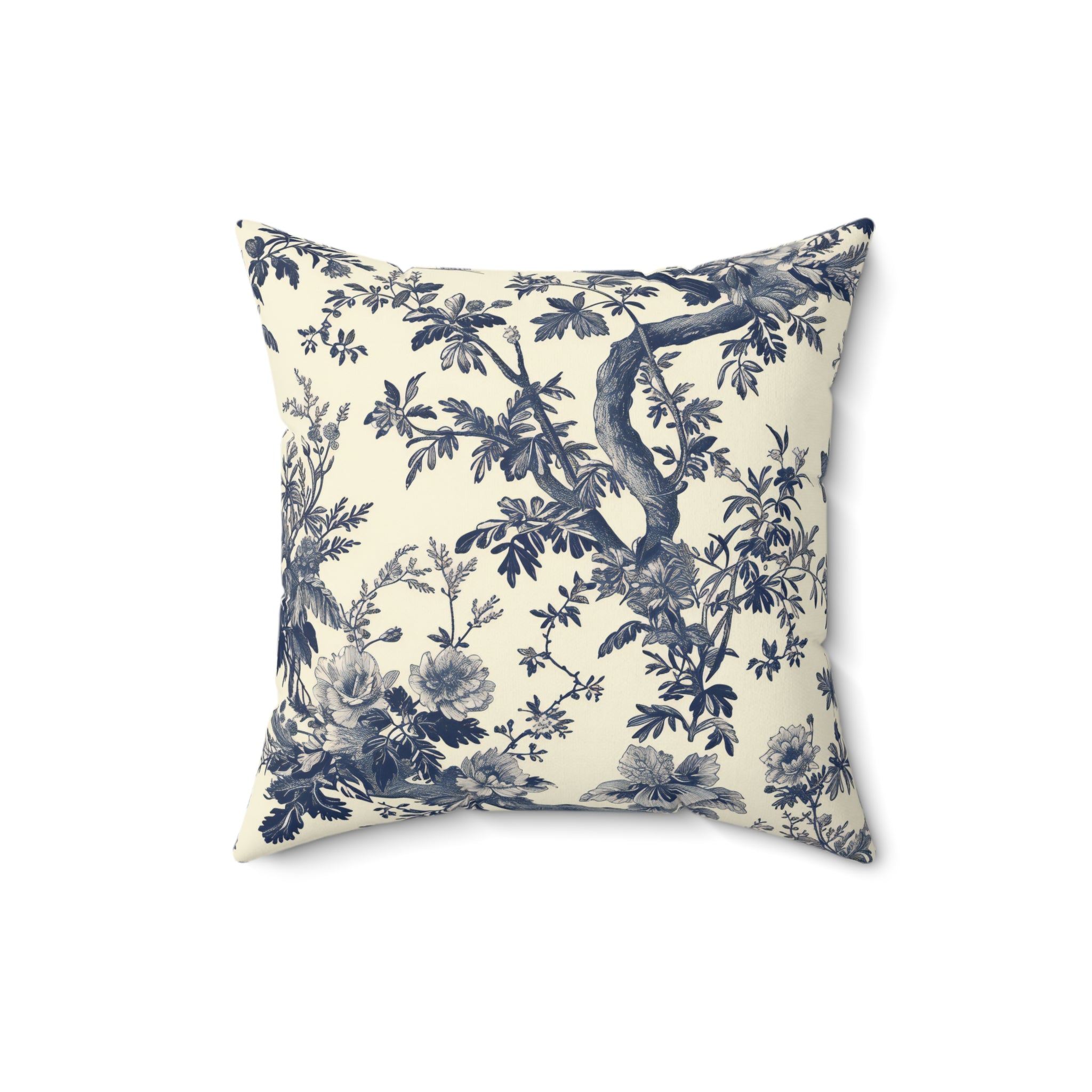 A square throw pillow featuring a classic blue and cream toile floral pattern, shown against a plain white background.