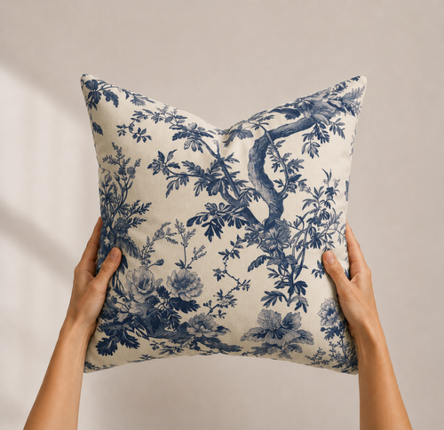 A square throw pillow with a blue toile floral and branch pattern on a cream background, held up by two hands against a neutral beige wall.