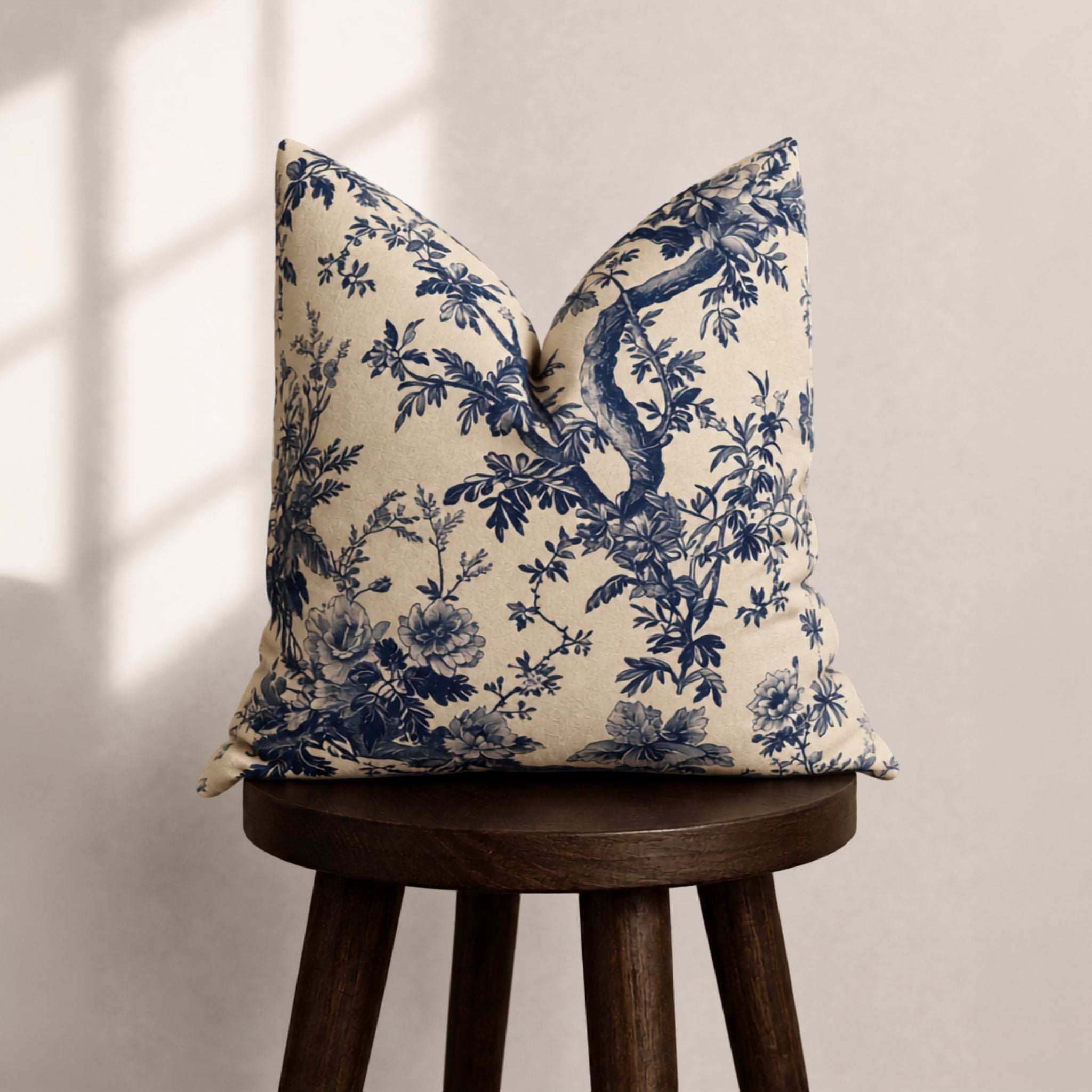 A square throw pillow with a navy blue floral and branch toile pattern on a cream background, displayed on a dark wooden stool against a neutral wall with soft window shadow light.