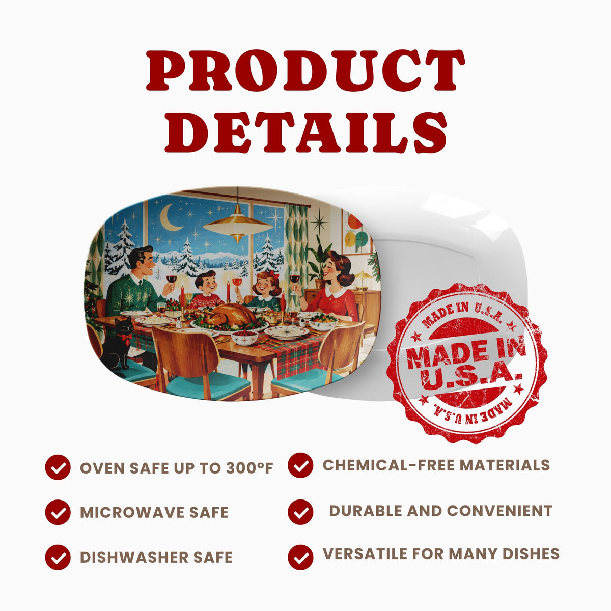 Product details graphic showing a white ceramic mug with a vintage-style Christmas dinner illustration, alongside a red 'Made in U.S.