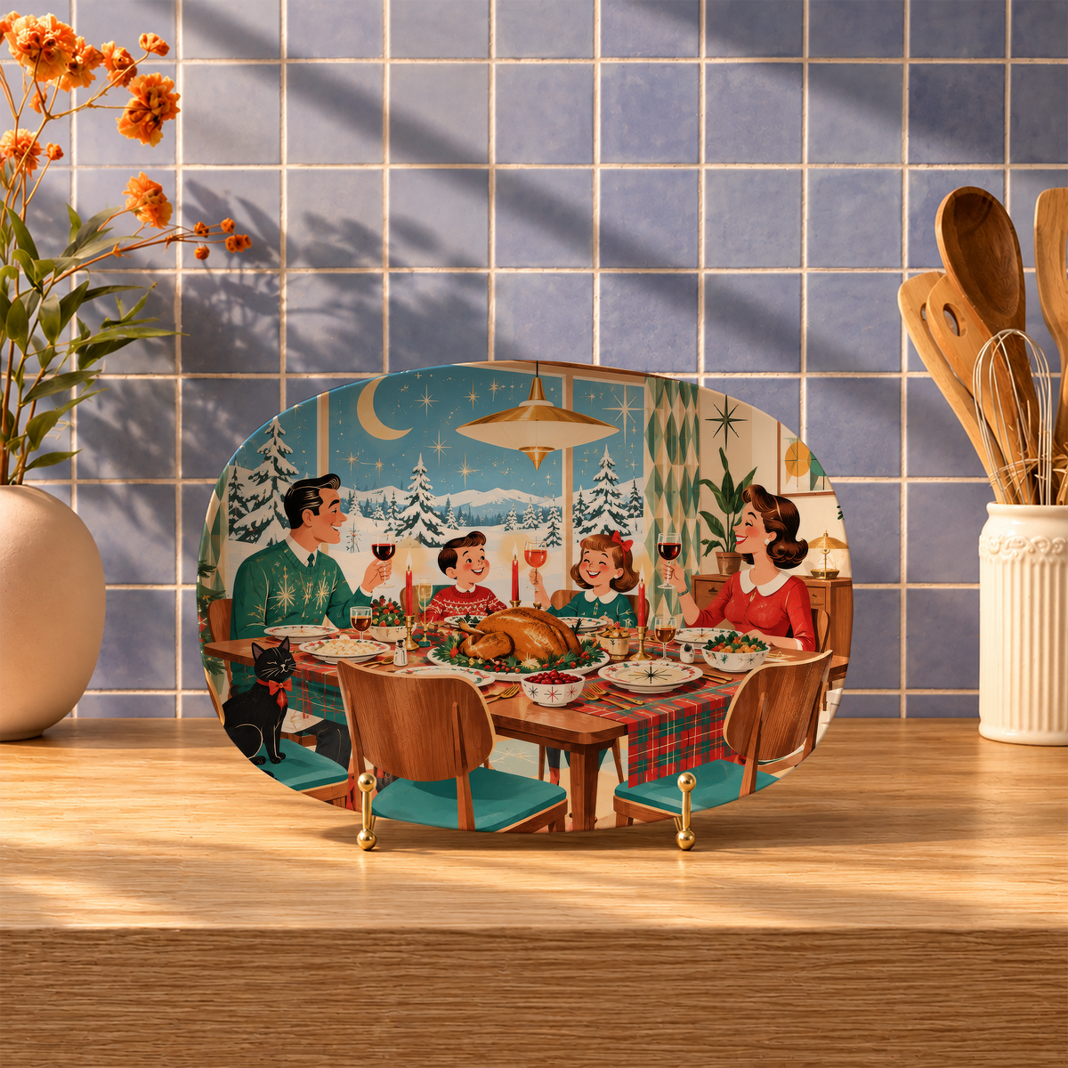 An oval decorative serving platter with a vintage-style Christmas family dinner illustration, displayed on a wooden countertop against a blue tiled wall with kitchen utensils in the background.