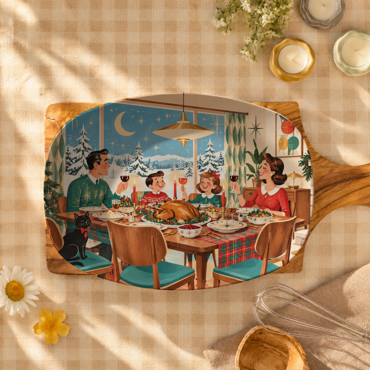 A decorative serving platter with a rustic wooden handle, featuring a colorful retro-style illustration of a family sharing a holiday dinner with a turkey and wine glasses. The platter is styled on a beige gingham tablecloth with candles, flowers, and kitchen utensils.