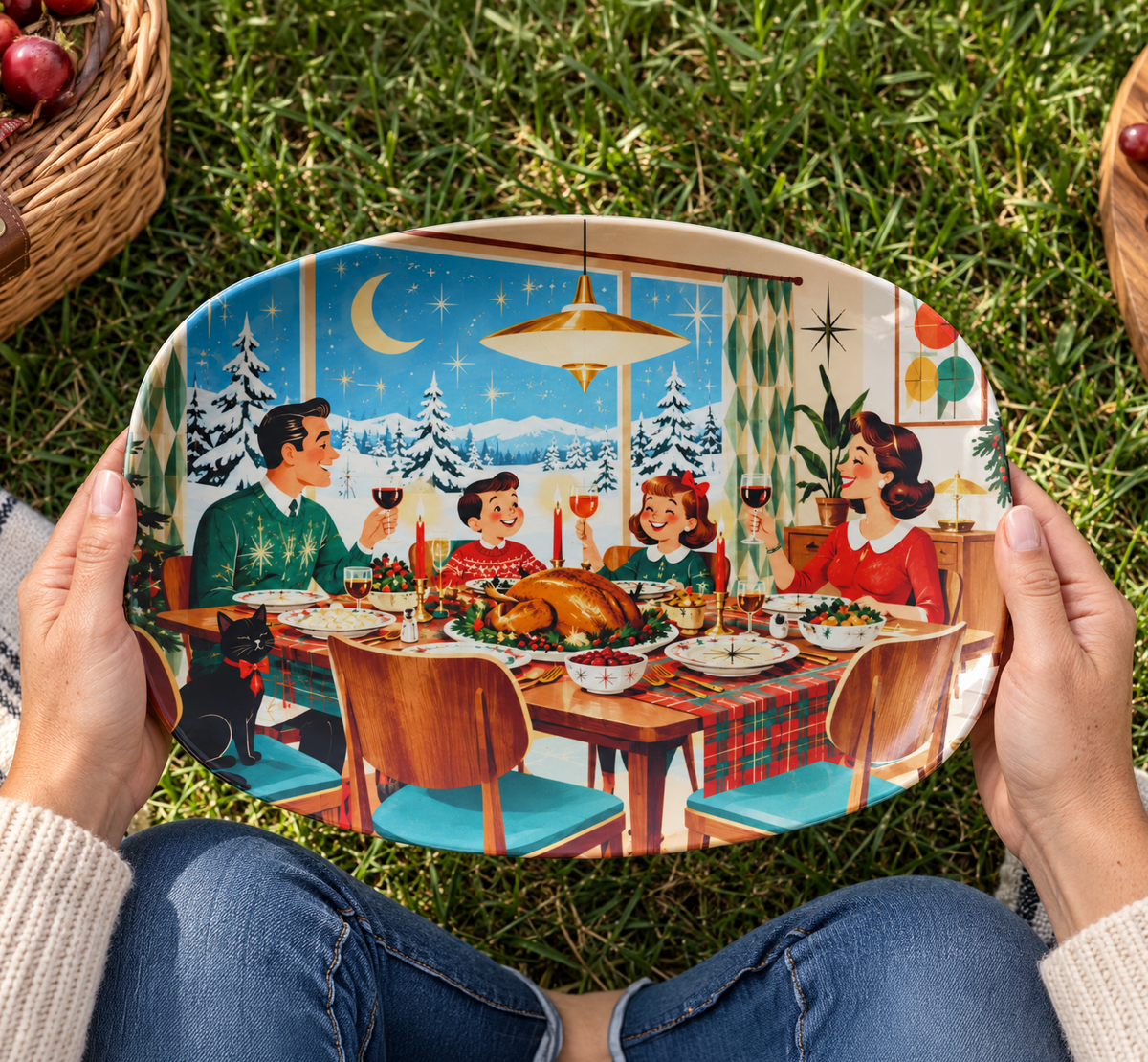 A person holds an oval decorative serving tray outdoors on grass. The tray features a retro-style illustration of a family having a holiday dinner with a roasted turkey, Christmas trees, and a night sky.