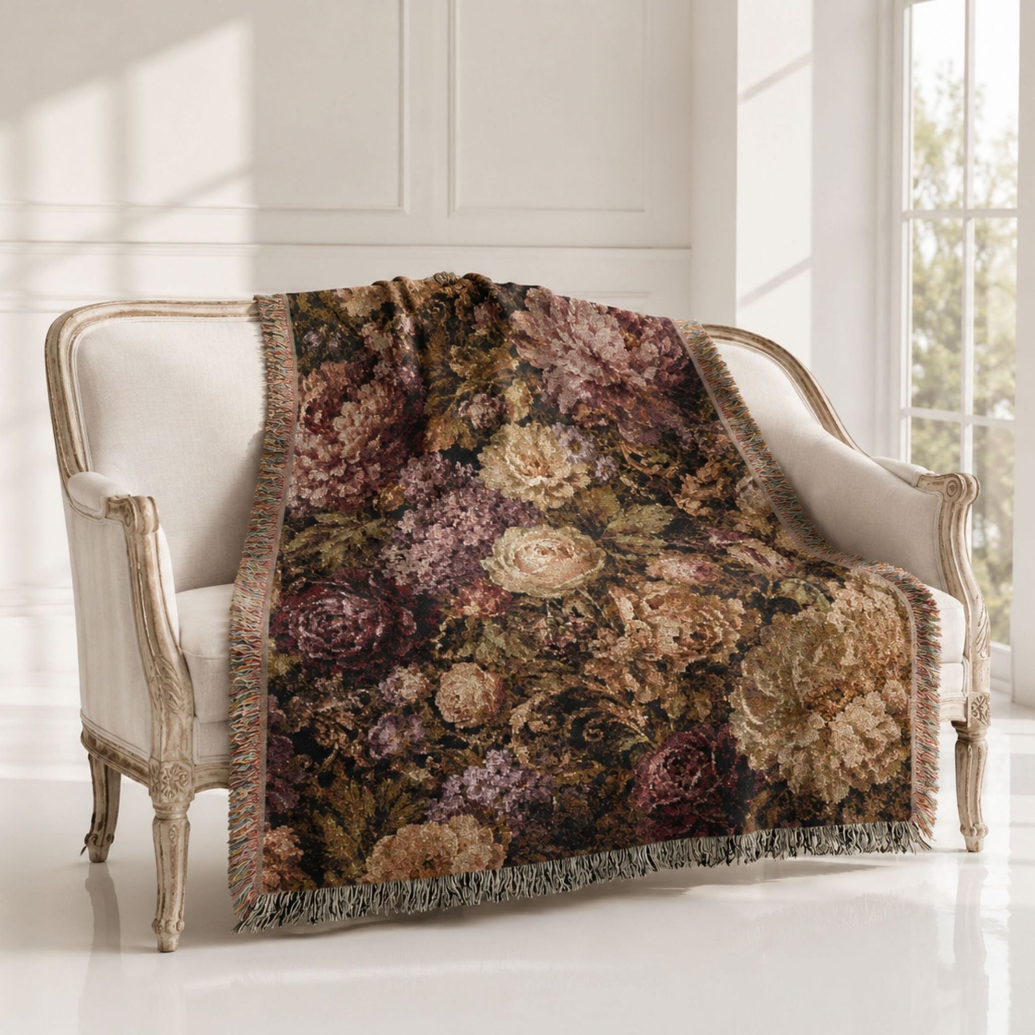 A vintage-style floral throw blanket draped over an antique cream armchair in a bright, sunlit room with white paneled walls and a window.