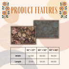 Product features graphic showing two rug options with floral and abstract patterns, decorative floral corner illustrations, and a size table listing widths 52, 60, and 80 inches and lengths 37, 50, and 60 inches.