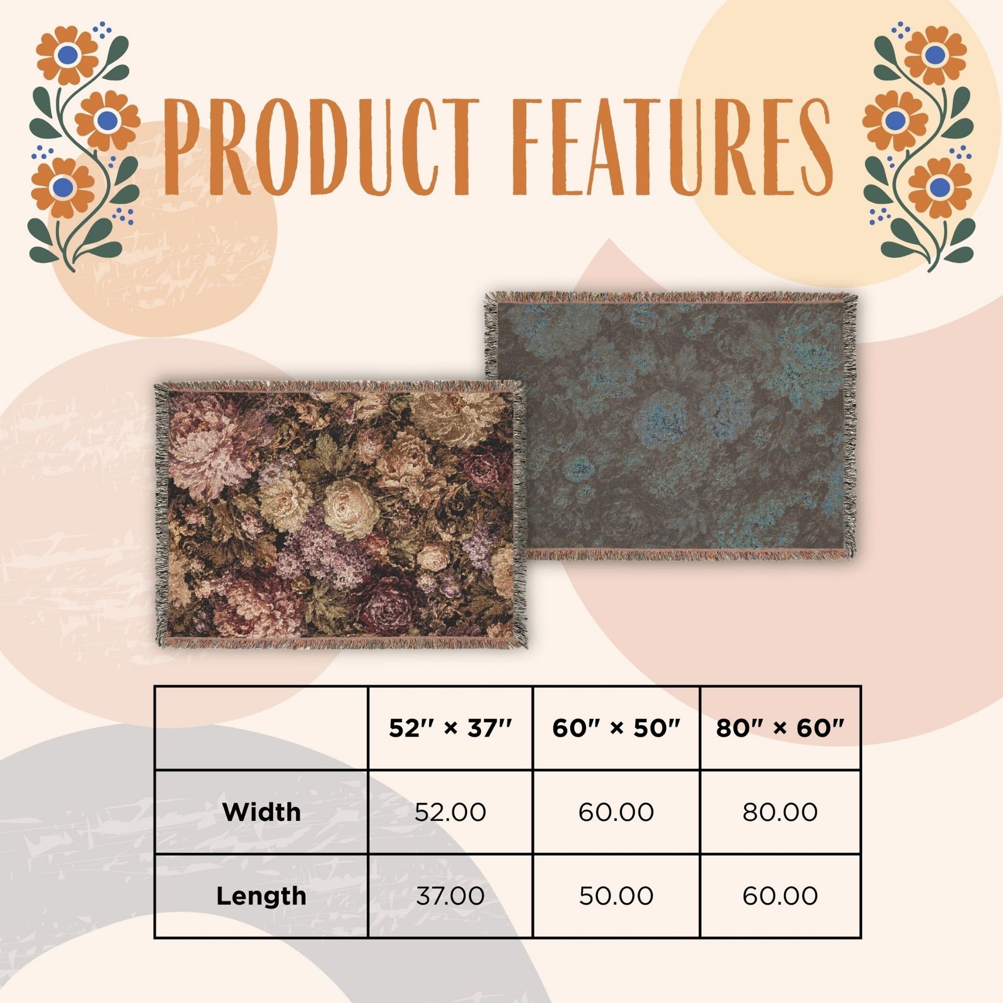 Product features graphic showing two rug options with floral and abstract patterns, decorative floral corner illustrations, and a size table listing widths 52, 60, and 80 inches and lengths 37, 50, and 60 inches.