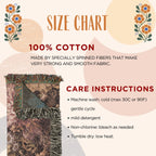 A size chart and care instructions graphic for a 100% cotton throw blanket. The left side shows a close-up of the patterned blanket with fringe, while the right side lists care instructions on a soft beige background with floral corner accents.