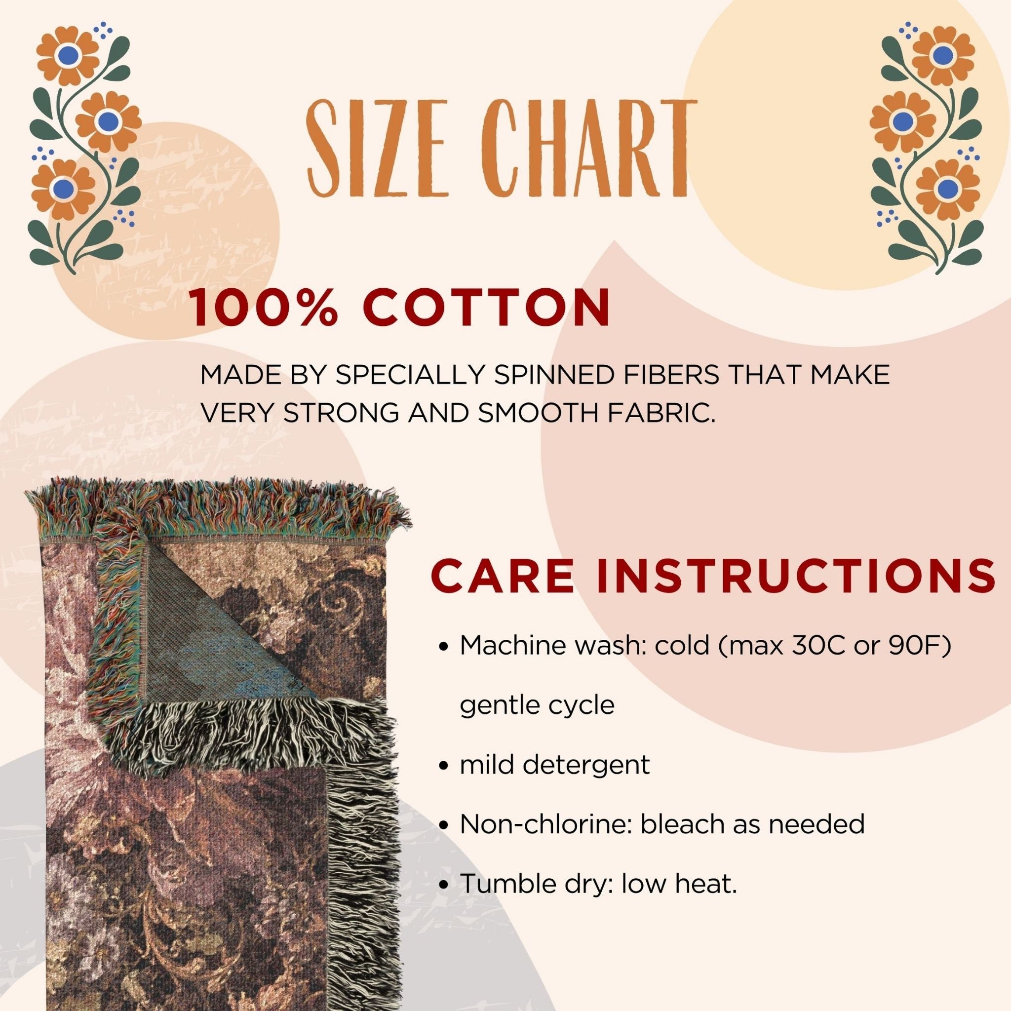 A size chart and care instructions graphic for a 100% cotton throw blanket. The left side shows a close-up of the patterned blanket with fringe, while the right side lists care instructions on a soft beige background with floral corner accents.