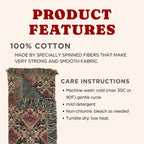 Product features graphic for a cotton area rug, showing a partial view of the patterned rug on the left and text on the right detailing its 100% cotton composition, strong fibers, and care instructions on a light beige background.