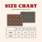 Vintage floral woven cotton blanket with red botanical pattern and colorful fringed edges displayed flat. - size chart
