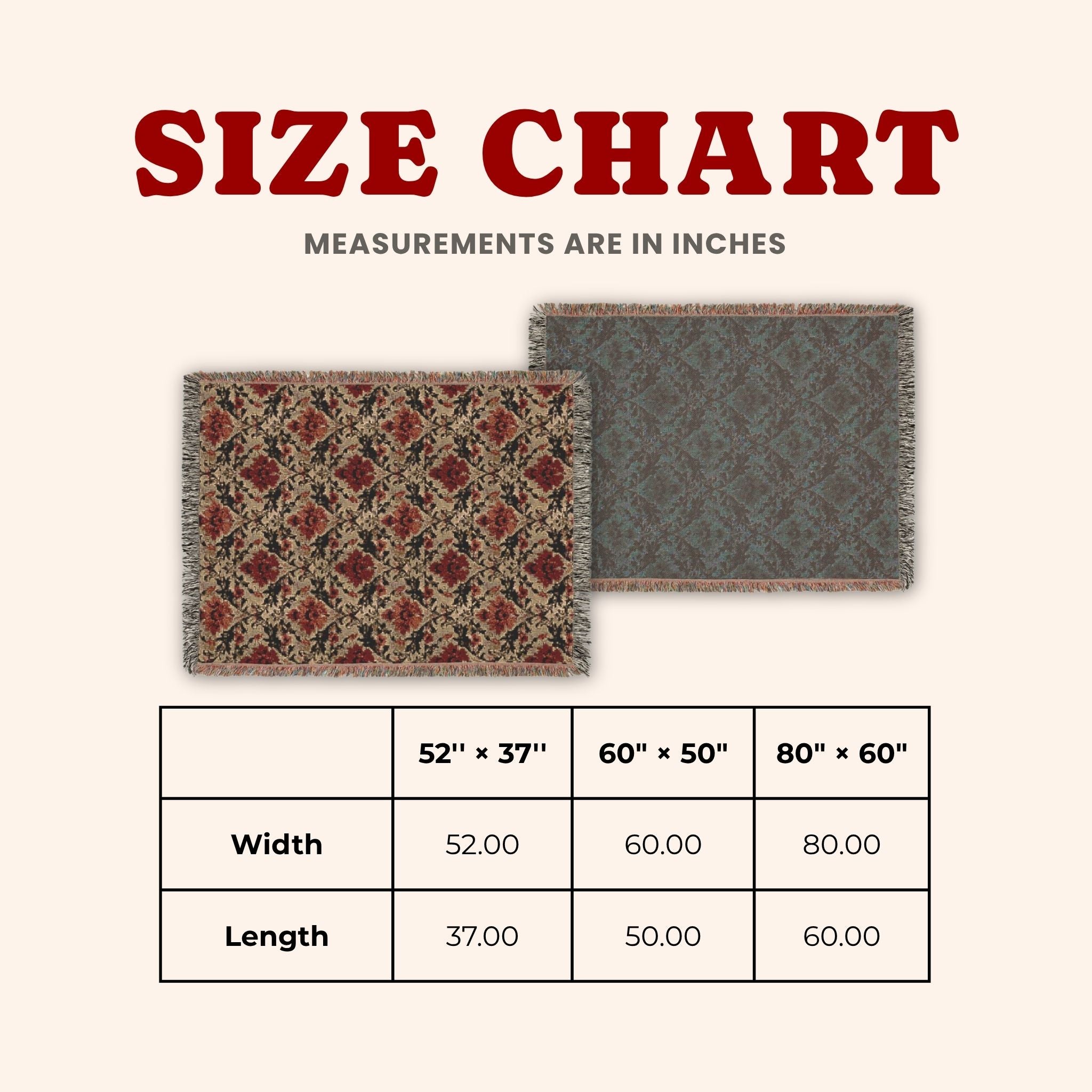 Vintage floral woven cotton blanket with red botanical pattern and colorful fringed edges displayed flat. - size chart