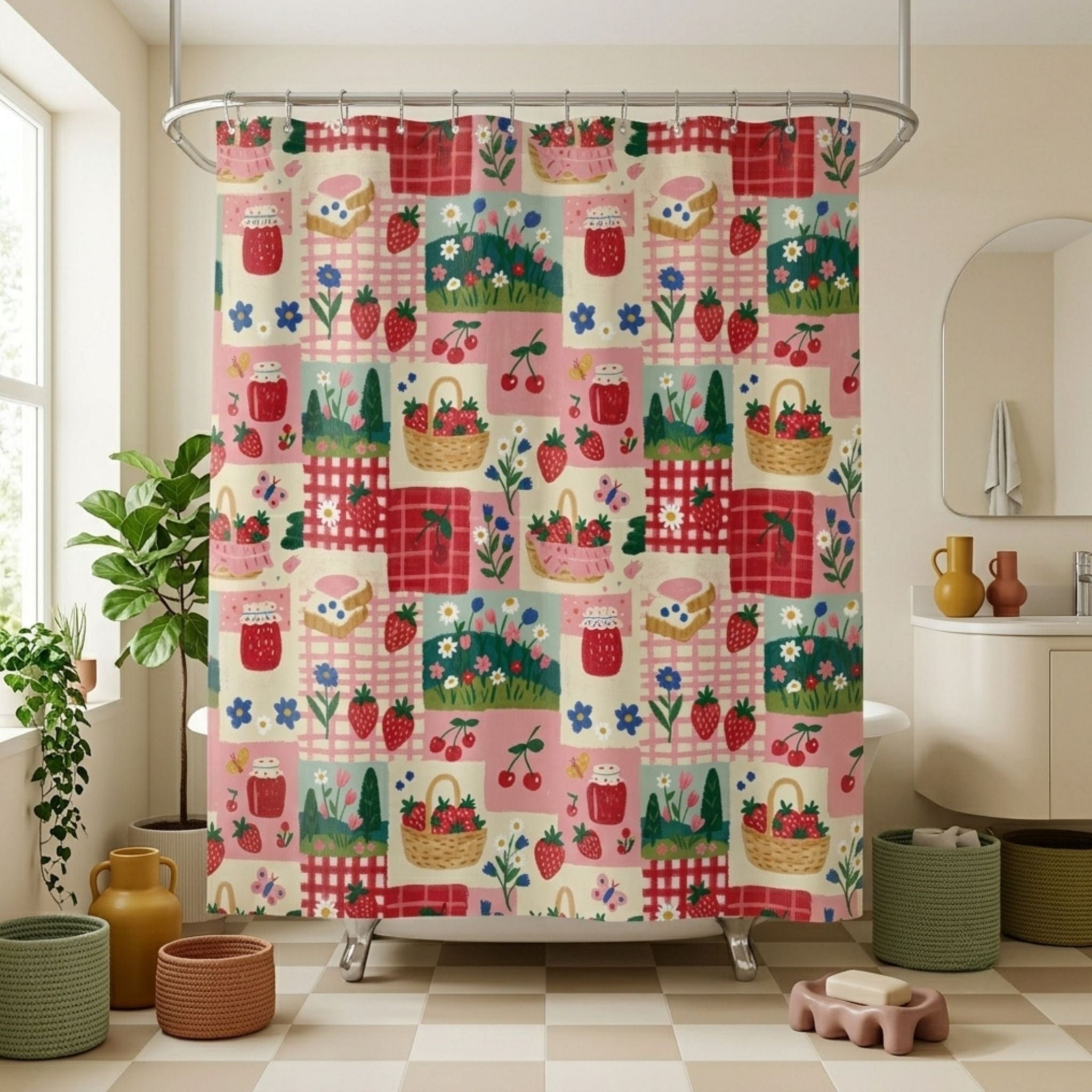 Retro Patchwork Strawberry Gingham Shower Curtain