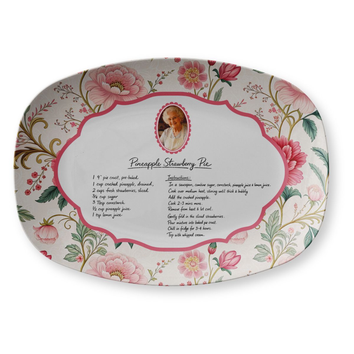Decorative plate with floral design and recipe for Pineapple Strawberry Pie on a white background