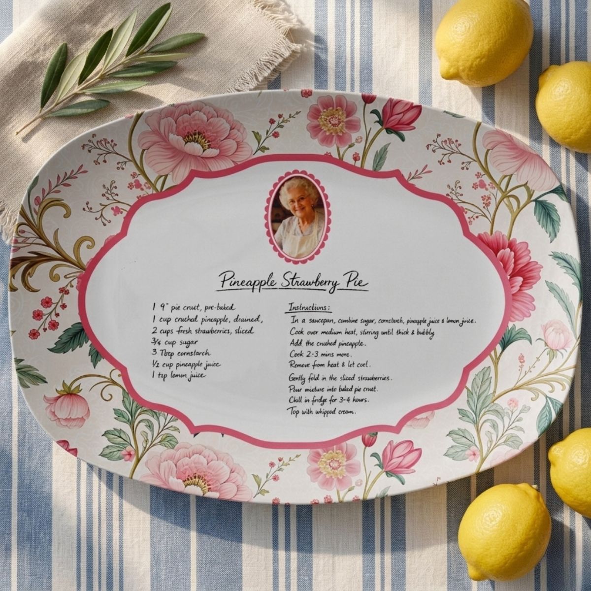Decorative plate with floral design and pineapple strawberry pie recipe on a striped fabric background.