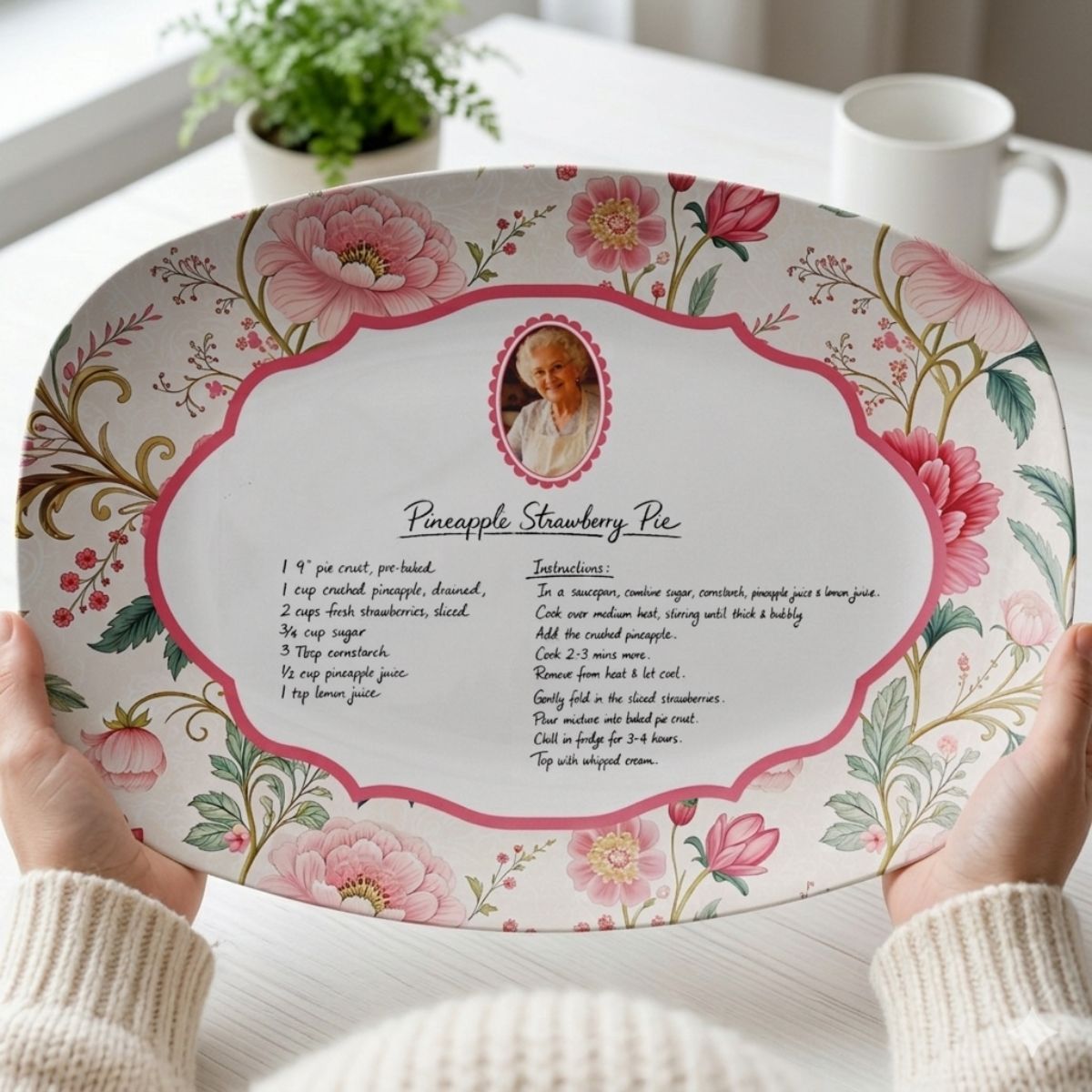 Decorative plate with floral design and recipe text held by a person