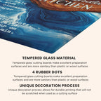 A close-up promotional graphic of a blue marbled tempered glass cutting board with a wood grain edge and white text, shown above product feature callouts on a beige background.