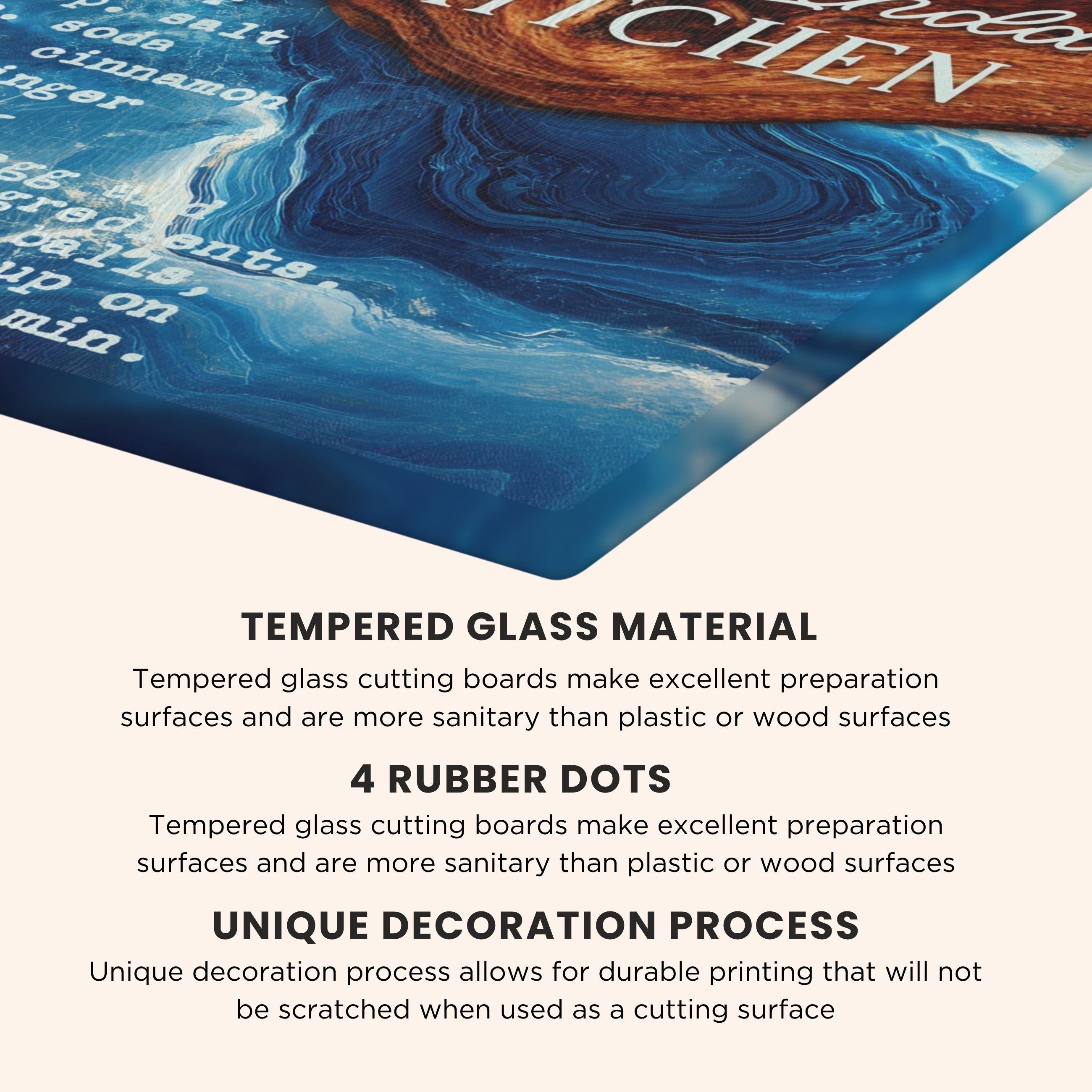 A close-up promotional graphic of a blue marbled tempered glass cutting board with a wood grain edge and white text, shown above product feature callouts on a beige background.