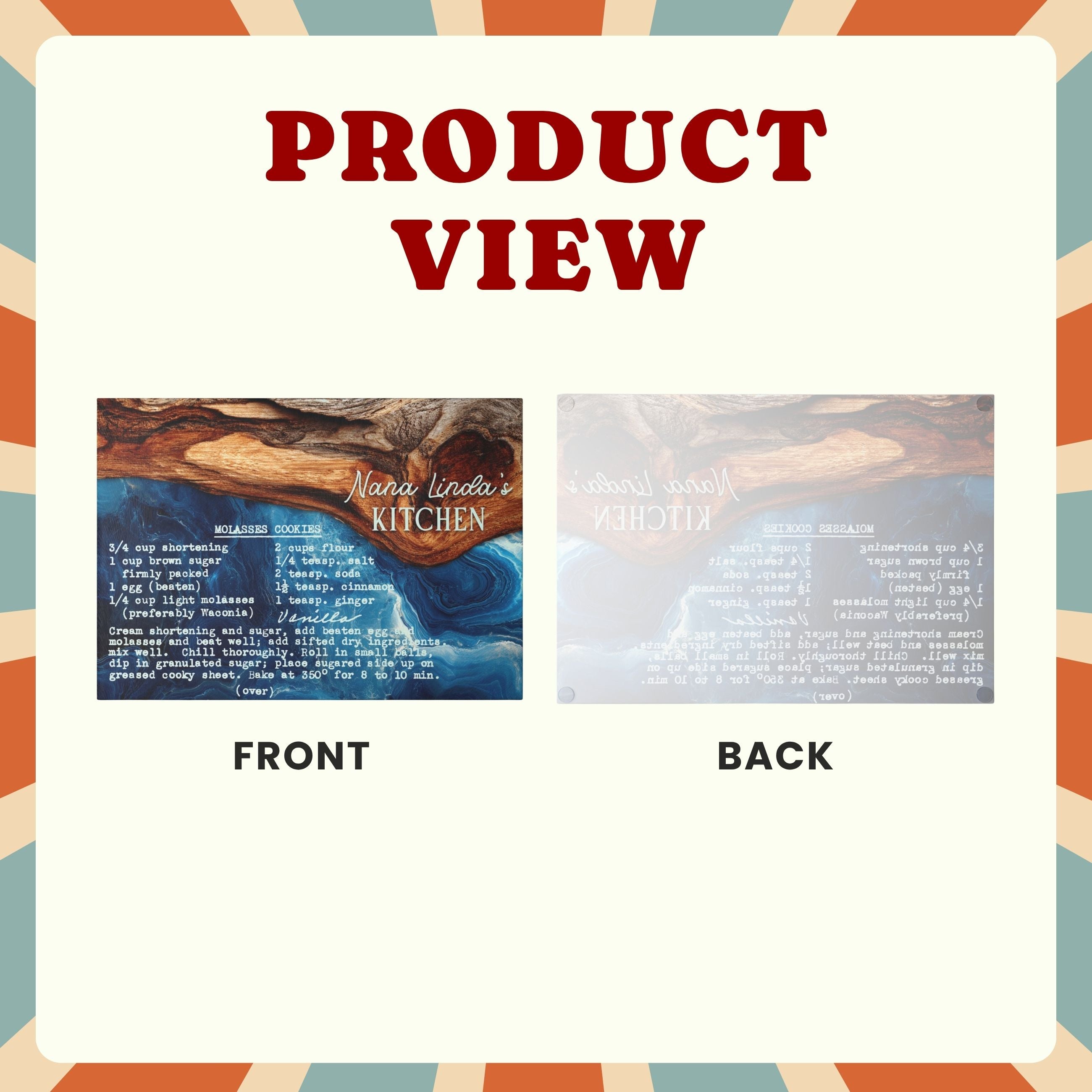 A product comparison graphic labeled 'PRODUCT VIEW' showing the front and back of a recipe card or menu insert. The top displays the title in red text, and the bottom labels the two sides as 'FRONT' and 'BACK'.