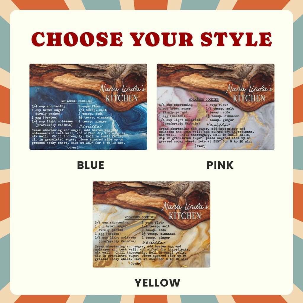 A style selection graphic showing three recipe card designs labeled BLUE, PINK, and YELLOW under the heading 'CHOOSE YOUR STYLE.' Each card features a rustic wood-toned header with the text 'Nana Linda's Kitchen' and a list of ingredients below.