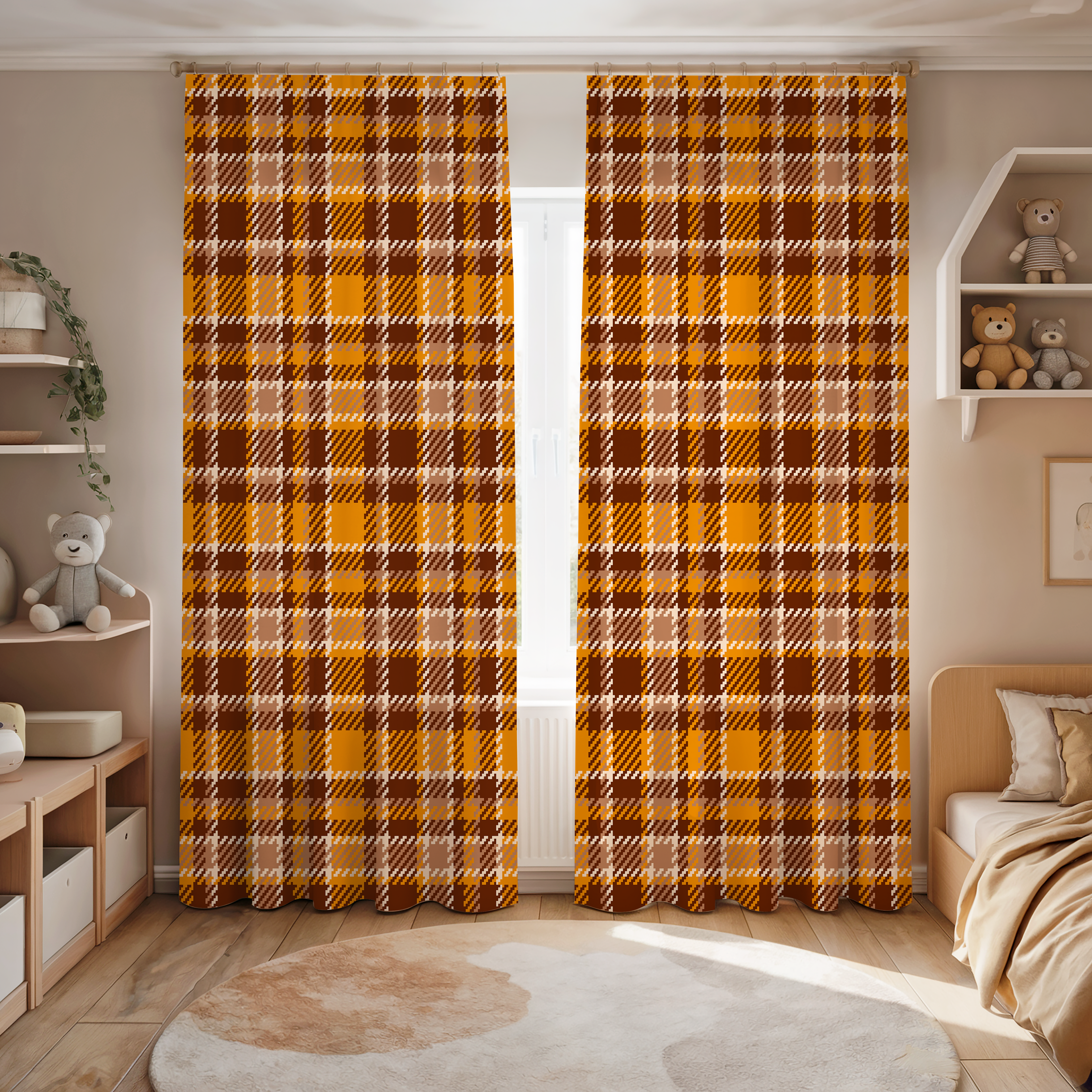Plaid Orange Fall Window Curtain Panel