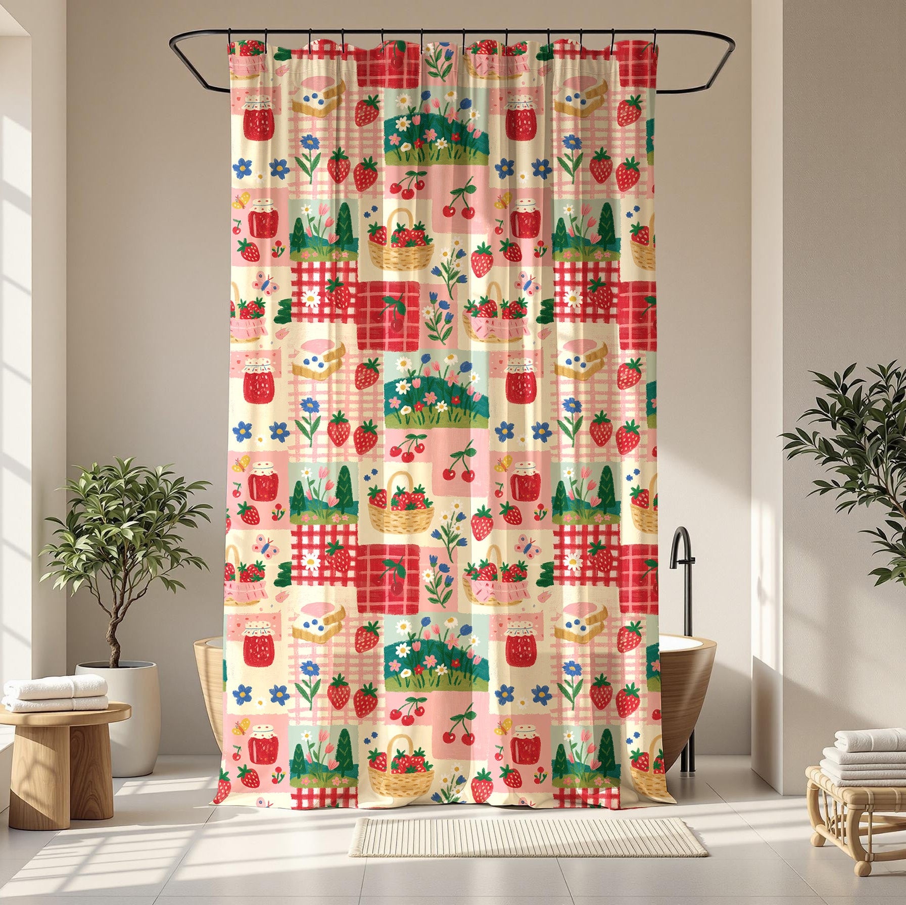 Retro Patchwork Strawberry Gingham Shower Curtain