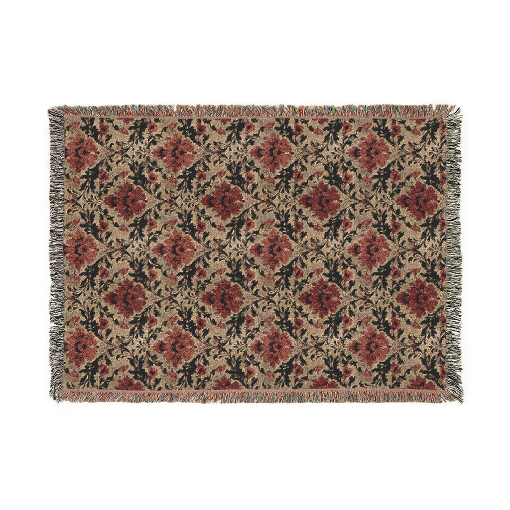 A rectangular woven area rug with a traditional floral damask pattern in muted red, beige, and dark green, finished with multicolor fringed edges on all sides.
