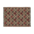 A rectangular woven area rug with a traditional floral damask pattern in muted red, beige, and dark green, finished with multicolor fringed edges on all sides.