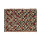 A rectangular woven area rug with a traditional floral damask pattern in muted red, beige, and dark green, finished with multicolor fringed edges on all sides.