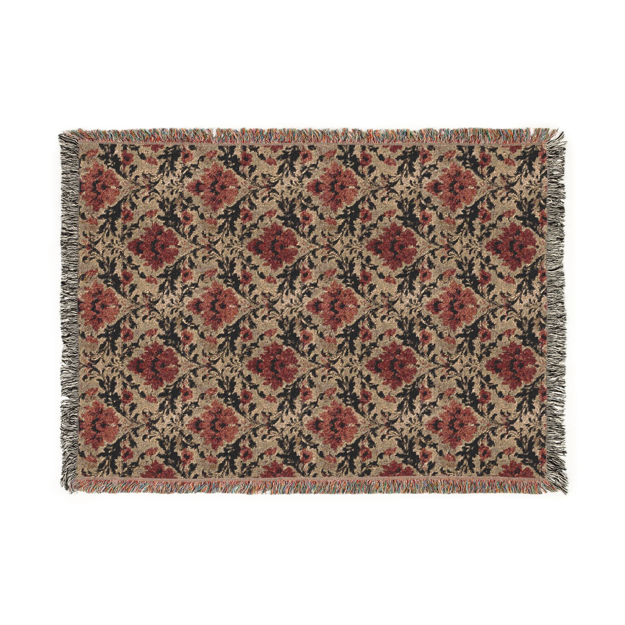 A rectangular woven area rug with a traditional floral damask pattern in muted red, beige, and dark green, finished with multicolor fringed edges on all sides.