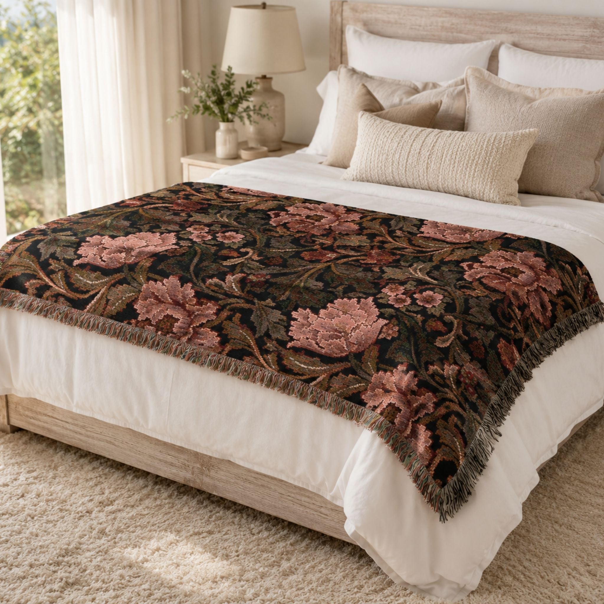 A floral tapestry throw blanket draped over a bed in a softly lit bedroom. The blanket has a dark background with large pink and mauve flowers and green leaves, finished with fringe on the edges.