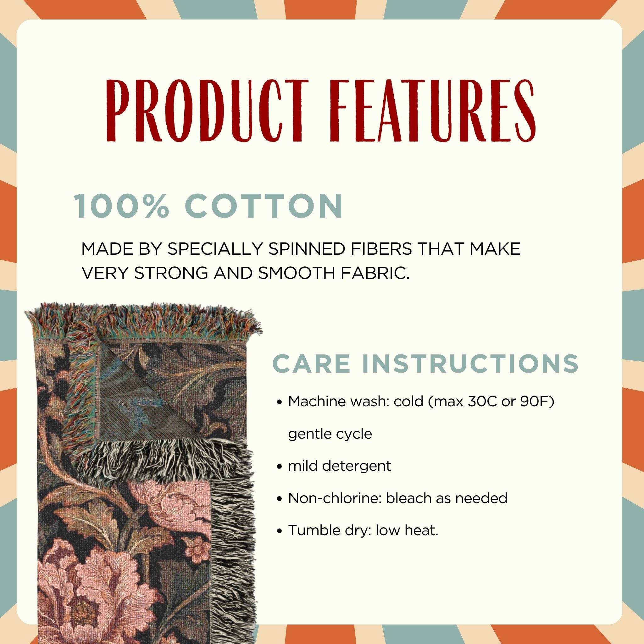 Product features graphic for a cotton tapestry, showing a close-up of the floral patterned fabric and fringed edge on the left, with text detailing 100% cotton quality and care instructions on a cream background with orange and blue striped corners.