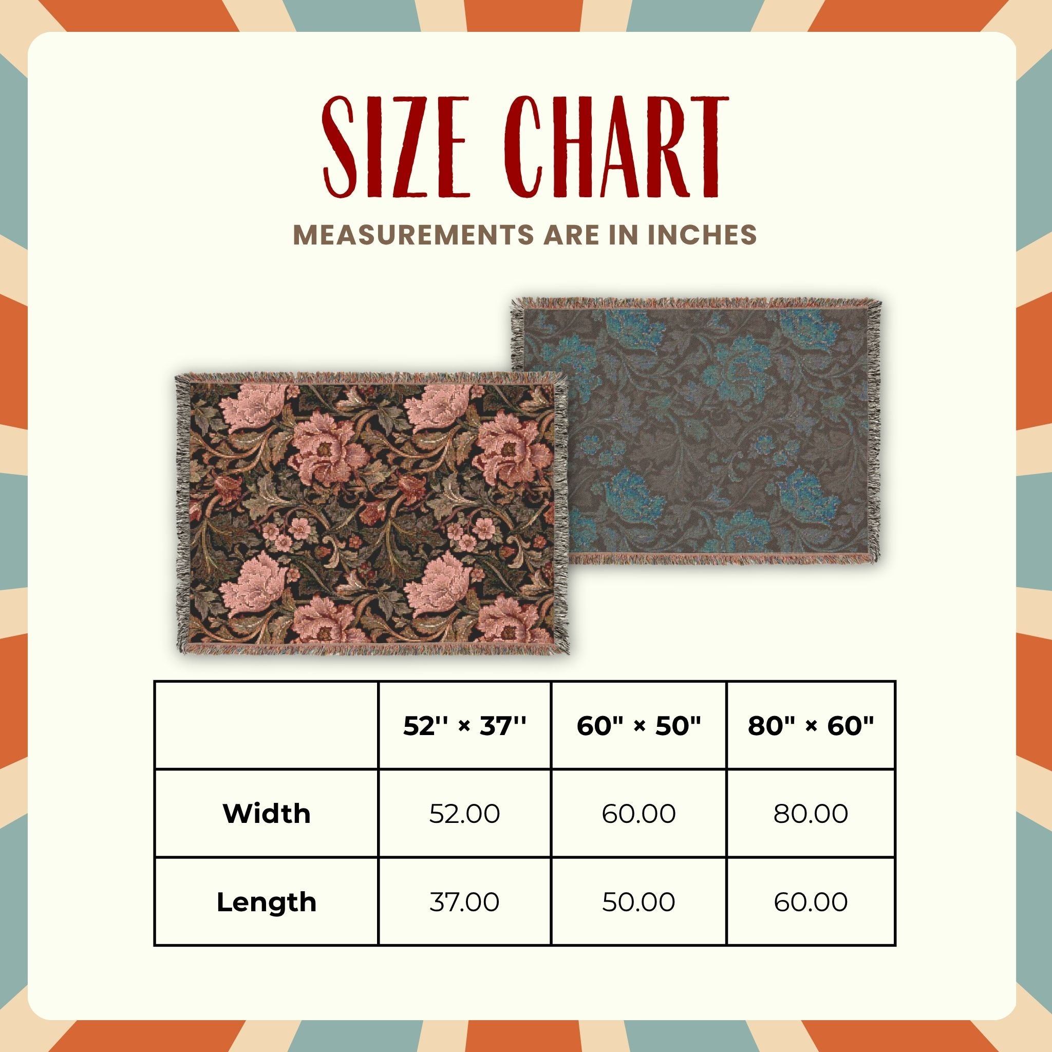 Size chart graphic showing two rectangular patterned rugs with floral and damask designs, labeled with dimensions in inches, plus a width and length measurement table below.
