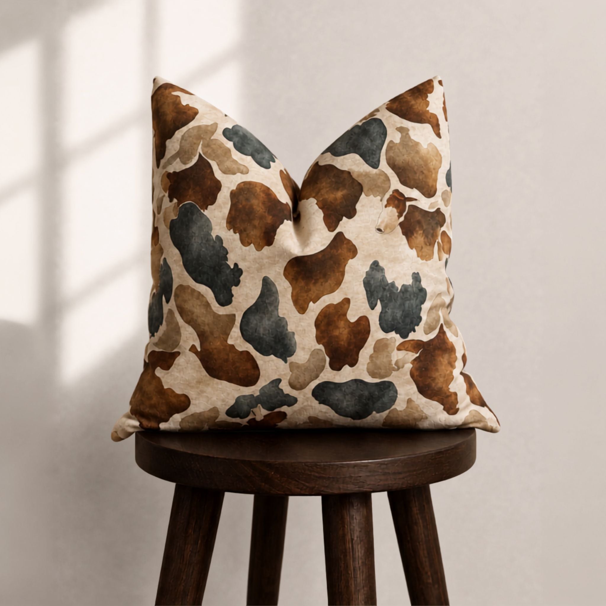 A square throw pillow with a cow-print pattern in brown, beige, and dark gray, resting on a dark wooden stool against a neutral wall with soft window shadows.