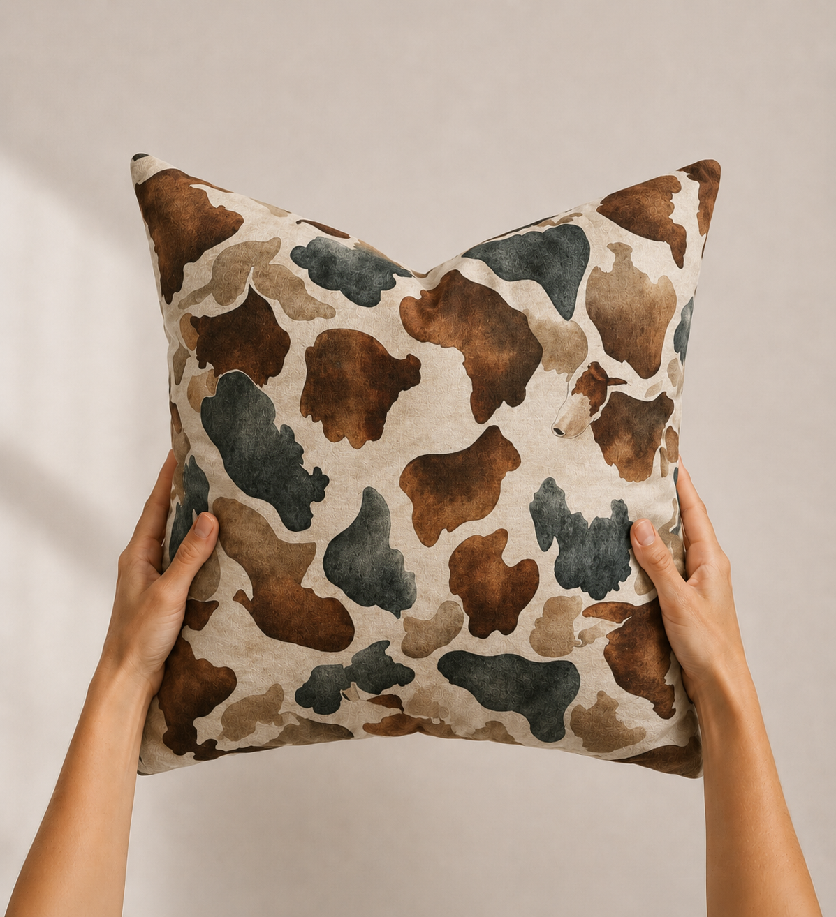 A square throw pillow with a watercolor-style cow print pattern in brown, beige, and dark gray, held up by two hands against a neutral beige background.