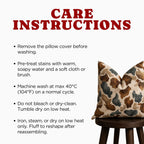 Care instructions graphic with a large red 'CARE INSTRUCTIONS' heading and a list of washing and drying tips on a white background, alongside a camouflage-patterned throw pillow resting on a dark wooden stool.
