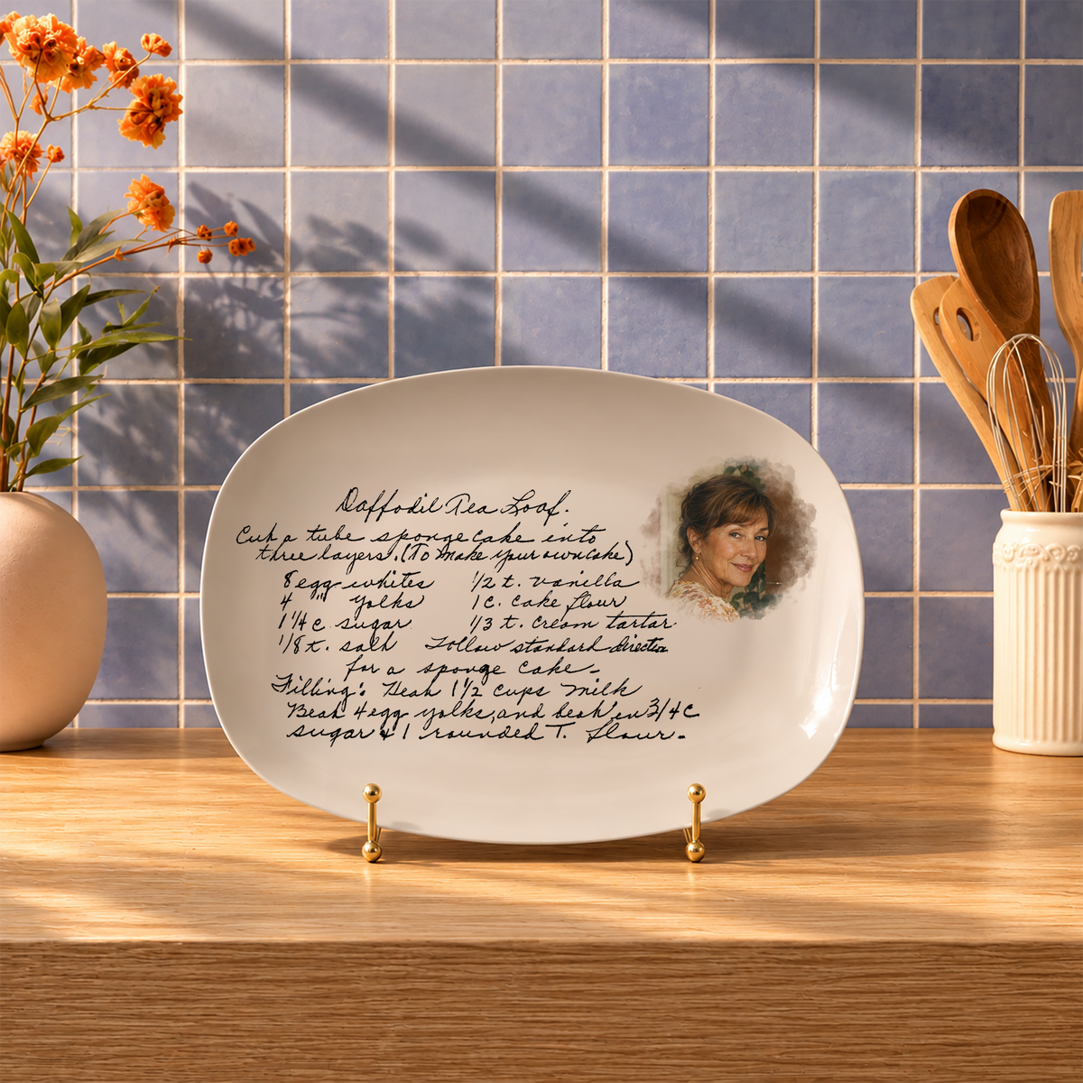 An oval ceramic commemorative plate displayed on a wooden shelf in a kitchen setting, featuring a recipe for 'Affordable Diner Food' with a printed portrait of a woman and small gold stand feet.