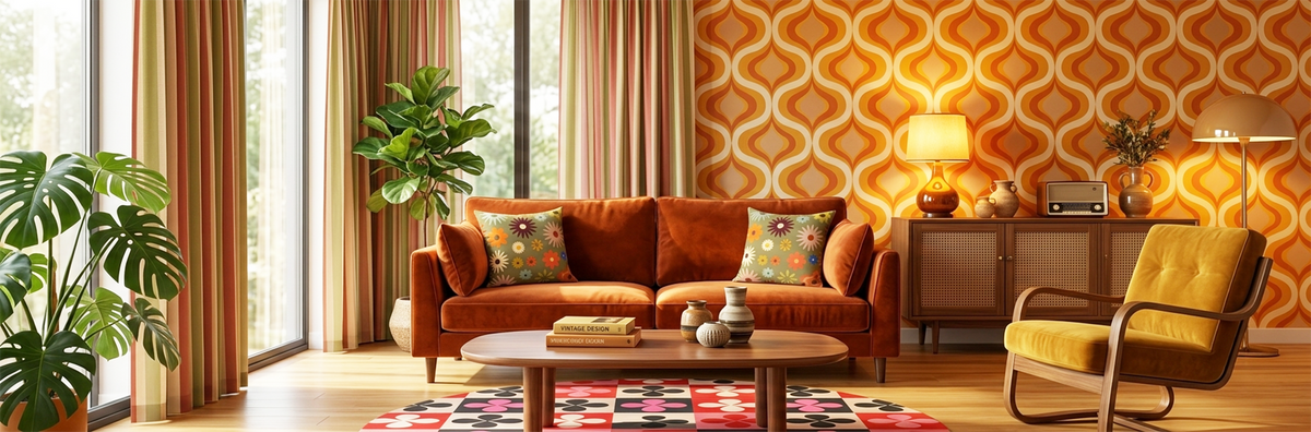 A retro-style living room featuring a rust-orange sofa with patterned throw pillows, a matching orange geometric wallpaper, a yellow armchair, and a colorful geometric area rug.