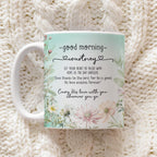 A white ceramic mug with a pastel floral design and a personalized quote for 'courtney', placed on a textured cream knit blanket.