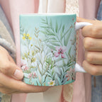 A person holding a square ceramic mug with a watercolor-style botanical print featuring green leaves and pink, yellow, and white flowers on a pale aqua background.