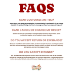 An FAQ information sheet with a large red 'FAQS' header and five question-and-answer sections in black and muted red text on a white background.
